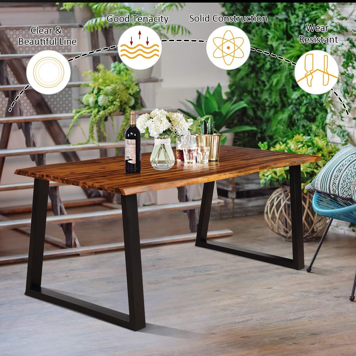 Rectangular Acacia Wood Dining Table, Rustic Brown & Black