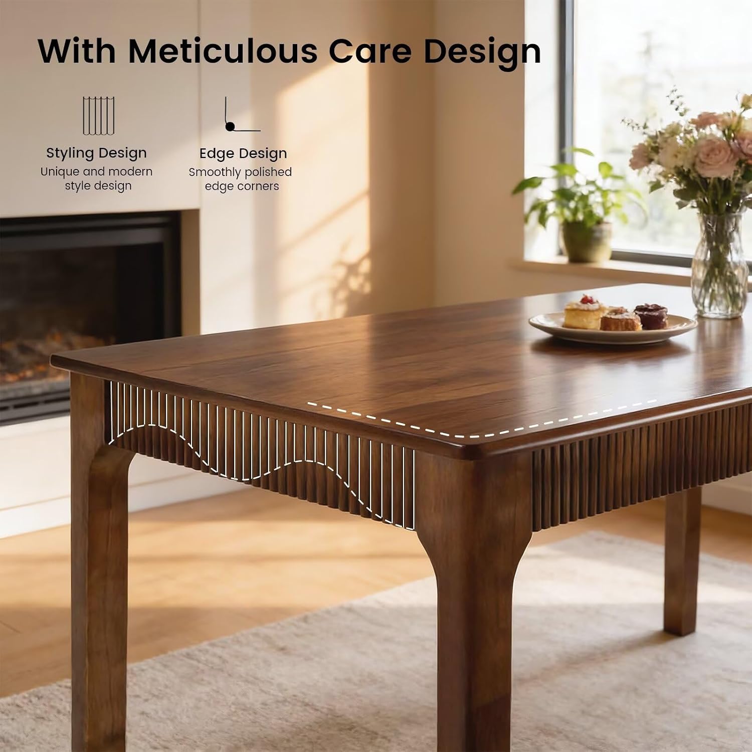 55" Fluted Solid Wood Dining Table, Walnut