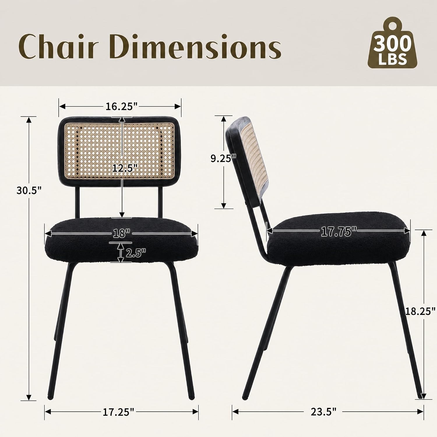 Rattan Boucle Dining Chairs Set of 4, Black