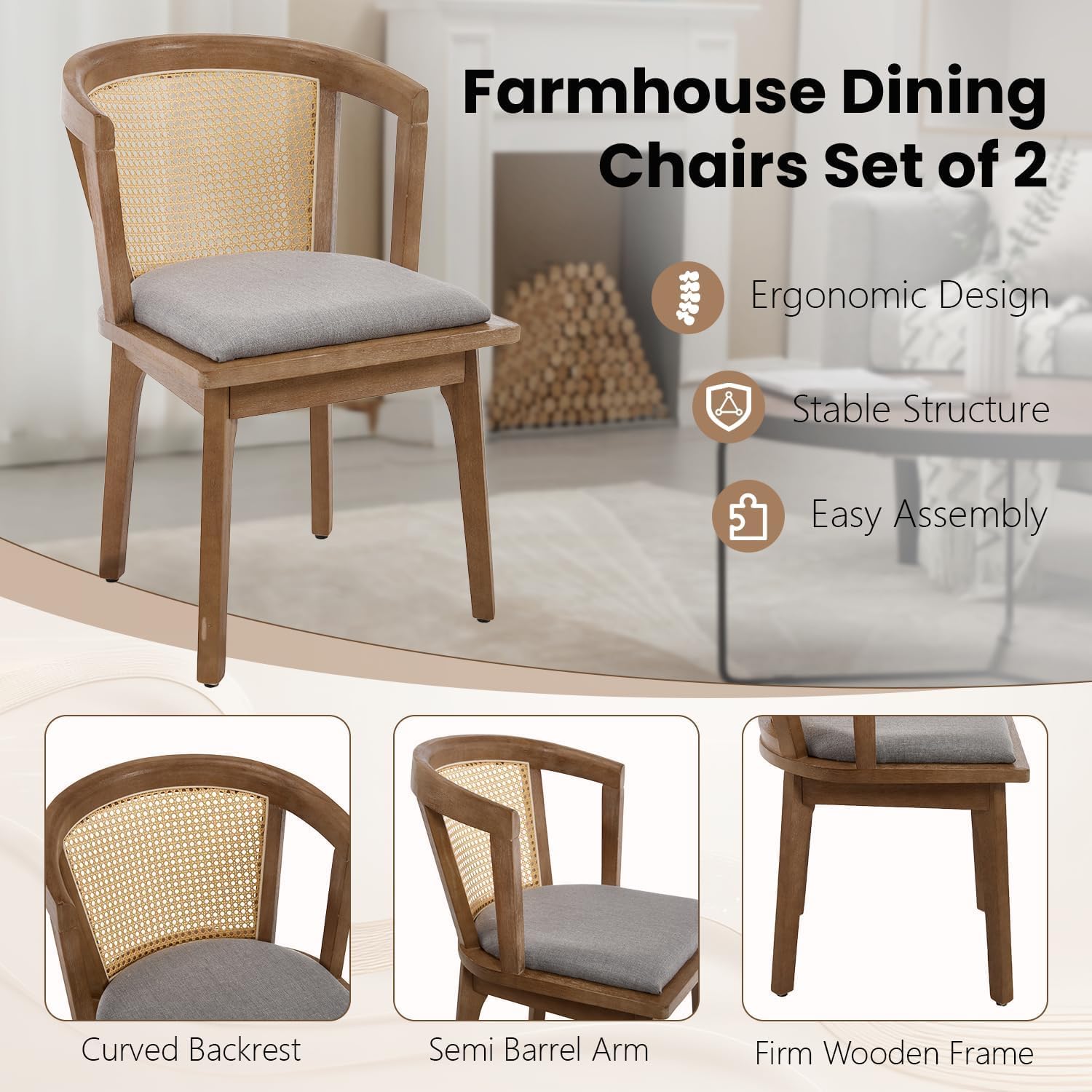 Rattan Arm Dining Chairs Set of 4, Walnut Frame