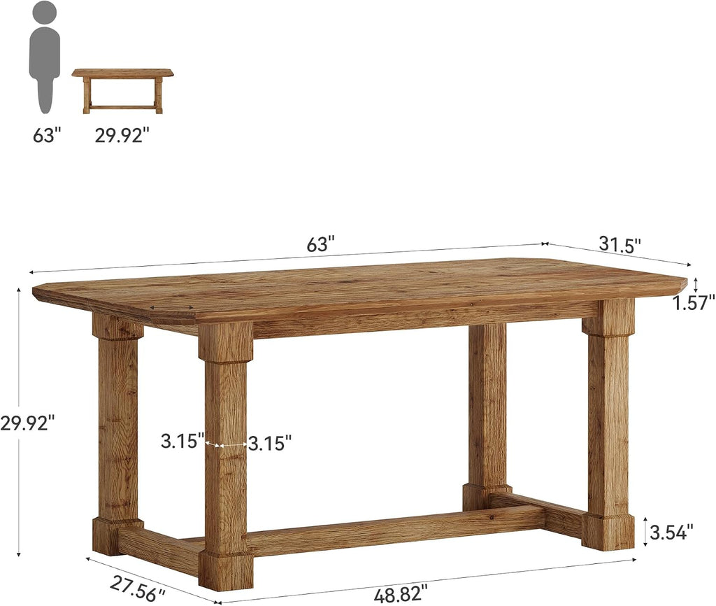63" Rustic Solid Wood Dining Table, Natural Finish