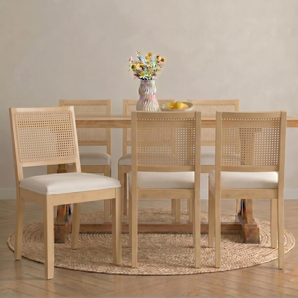 Vintage Rattan Dining Chairs Set of 6, Beige