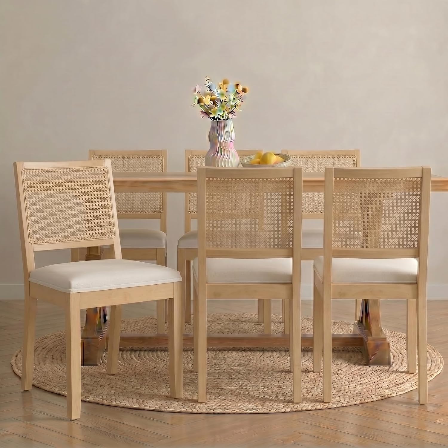 Vintage Rattan Dining Chairs Set of 6, Beige