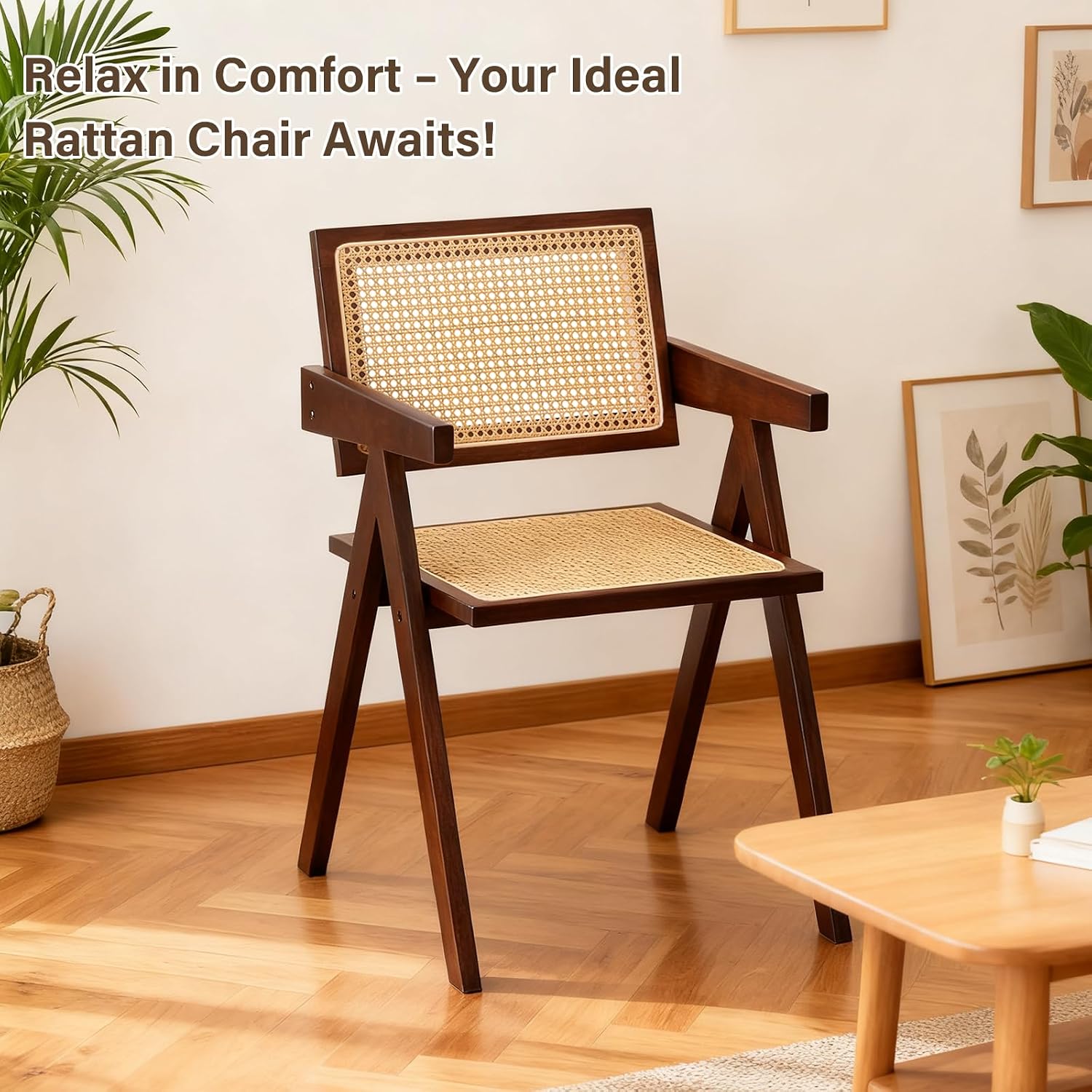 Rattan Bamboo Armchairs Set of 2, Walnut
