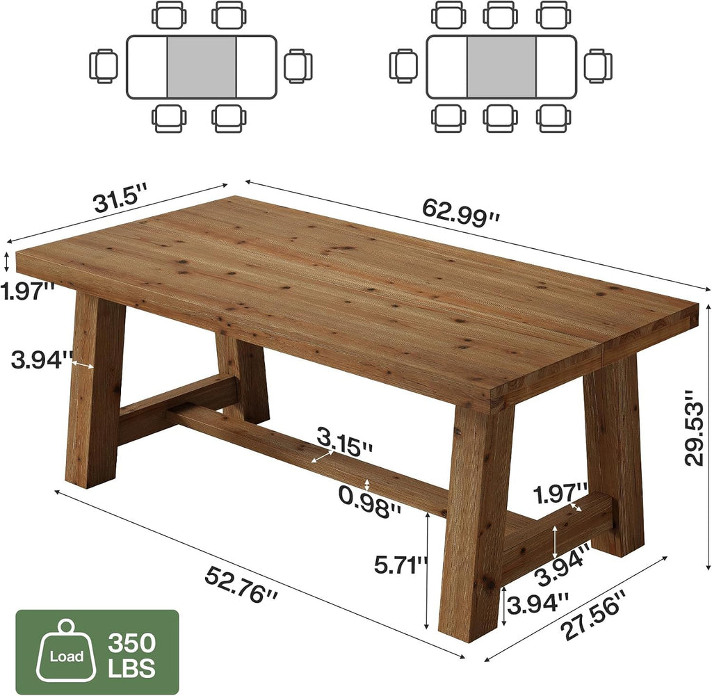 63" Trestle Base Solid Wood Dining Table, Natural Wood