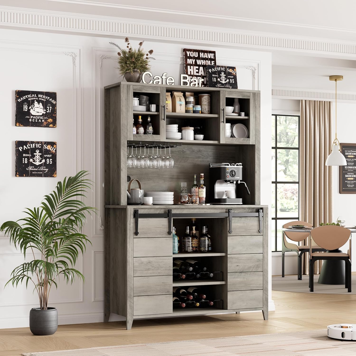 70'' Wine Coffee Bar Cabinet with Storage Hutch
