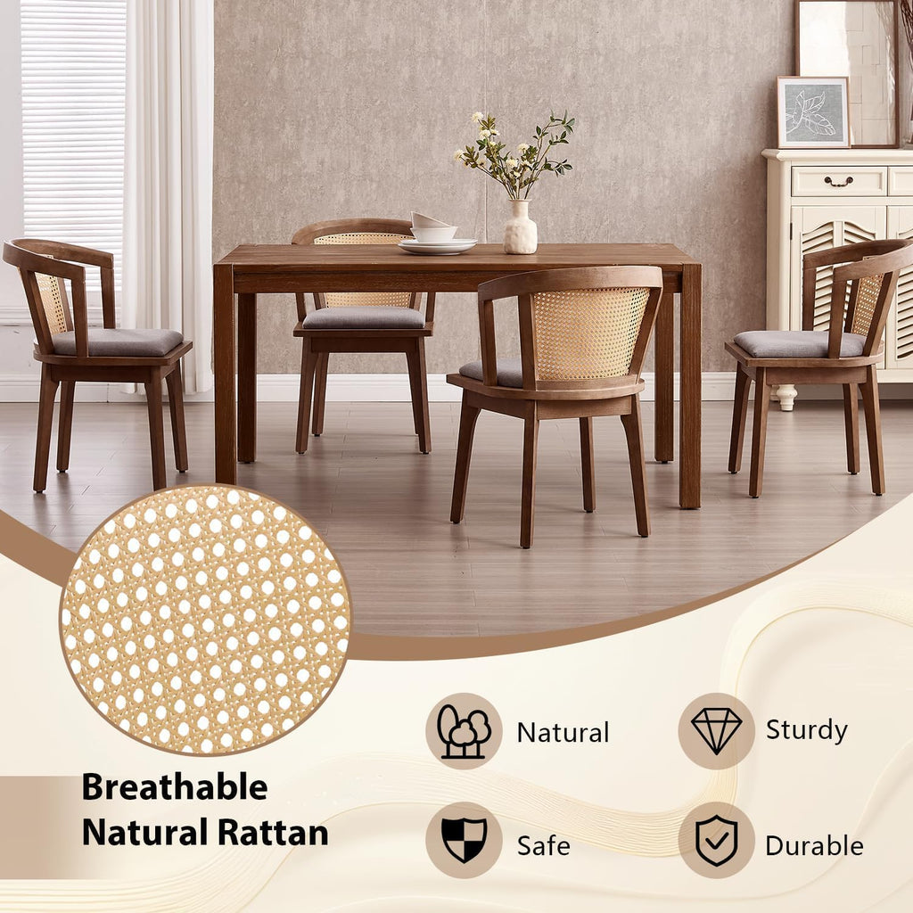 Rattan Arm Dining Chairs Set of 4, Walnut Frame