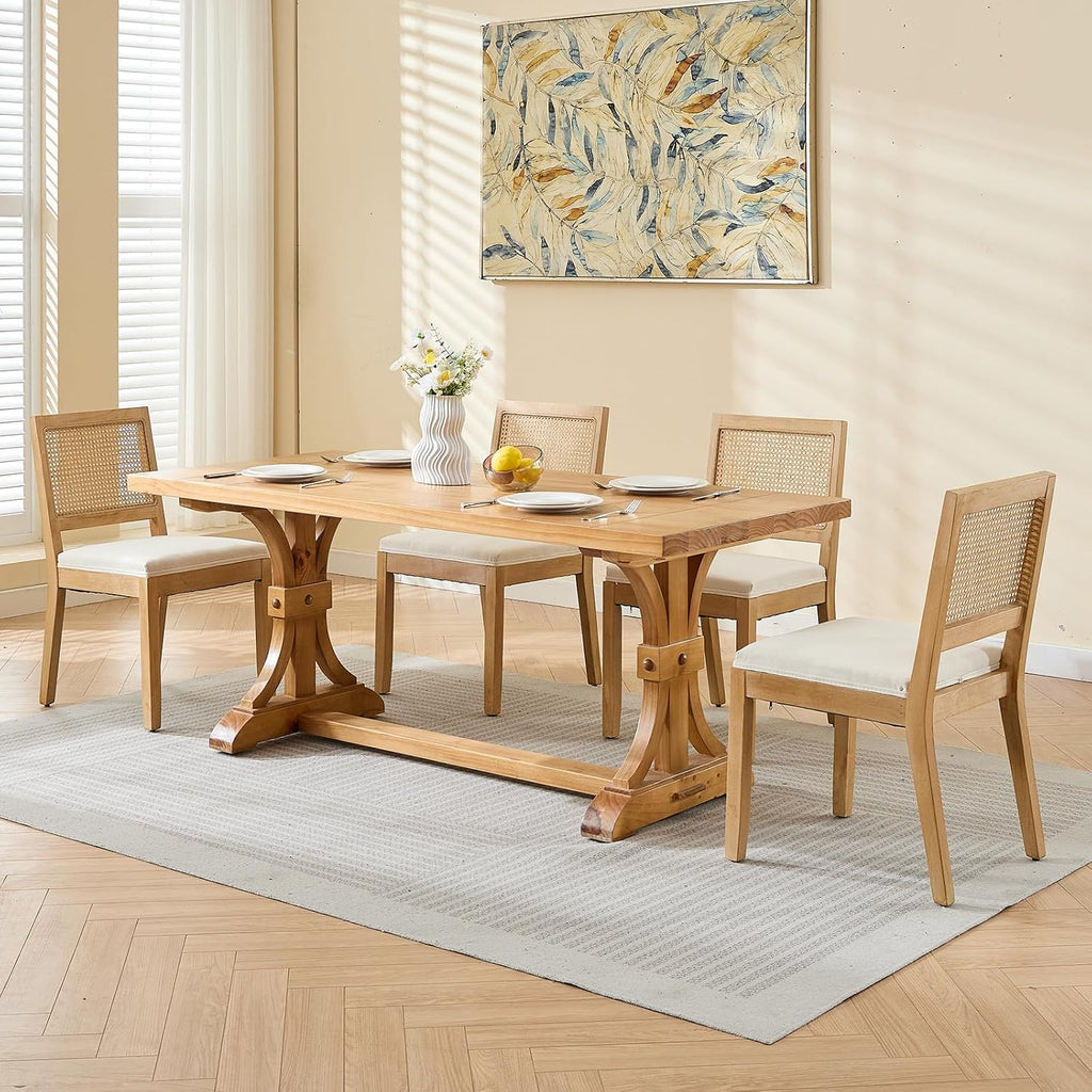 Vintage Rattan Dining Chairs Set of 6, Beige