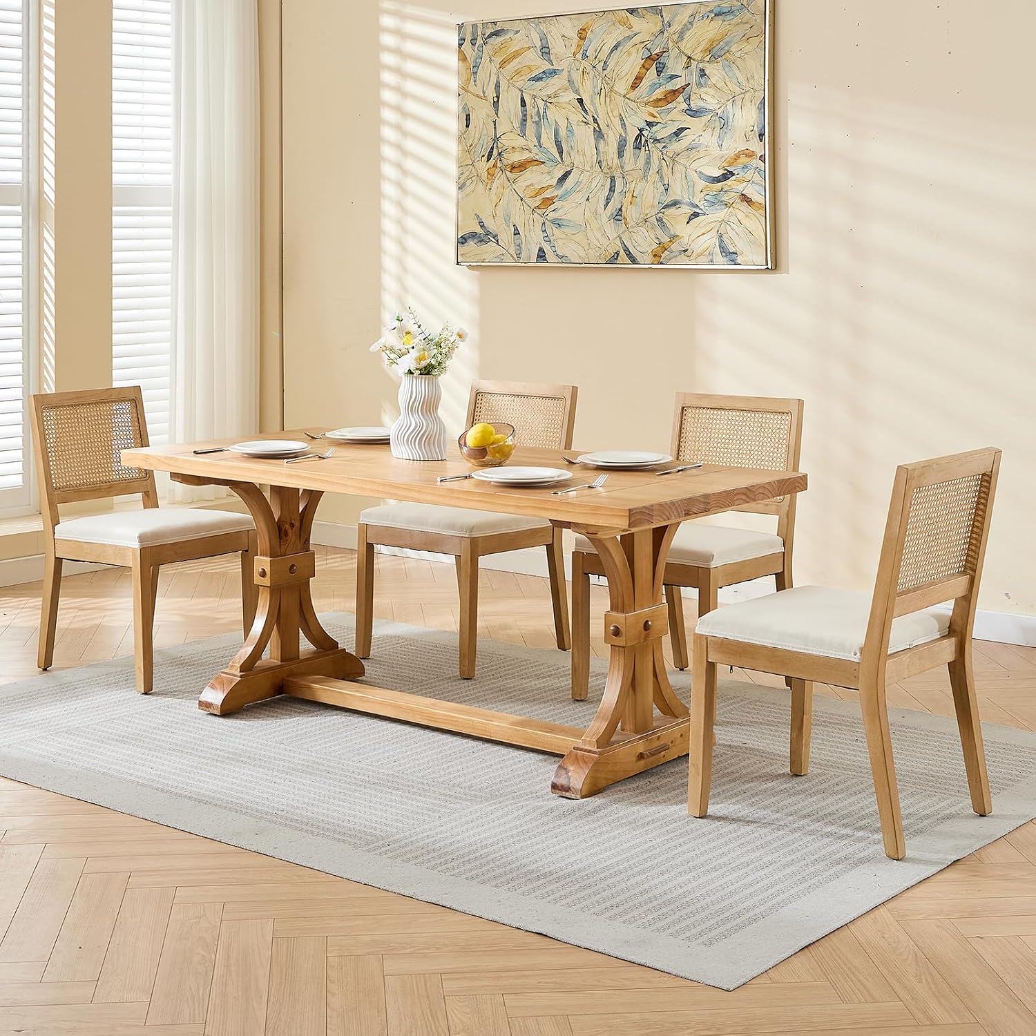 Vintage Rattan Dining Chairs Set of 6, Beige