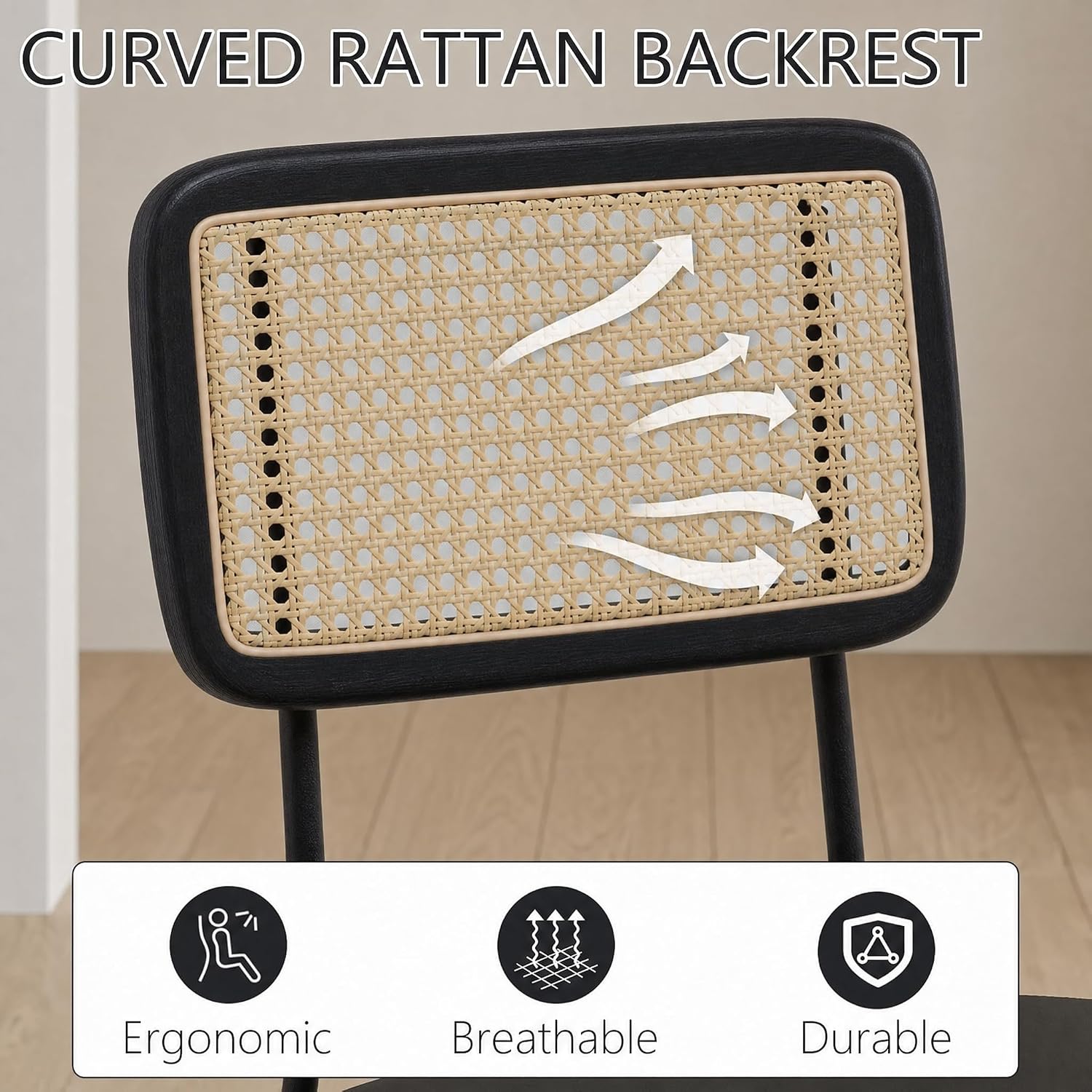 Rattan Boucle Dining Chairs Set of 4, Black