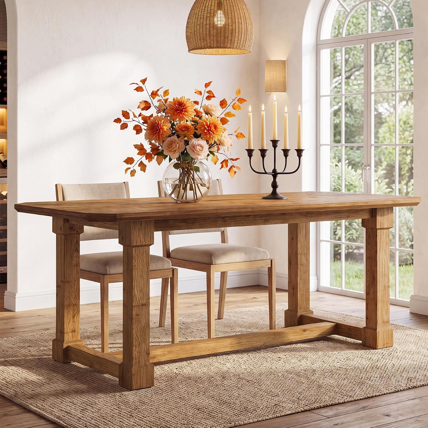 63" Rustic Solid Wood Dining Table, Natural Finish