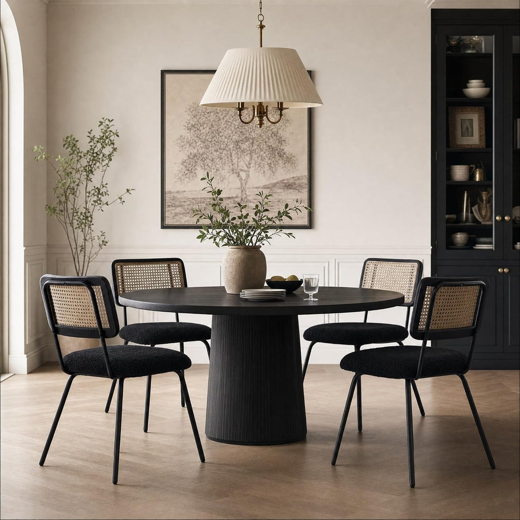 Rattan Boucle Dining Chairs Set of 4, Black