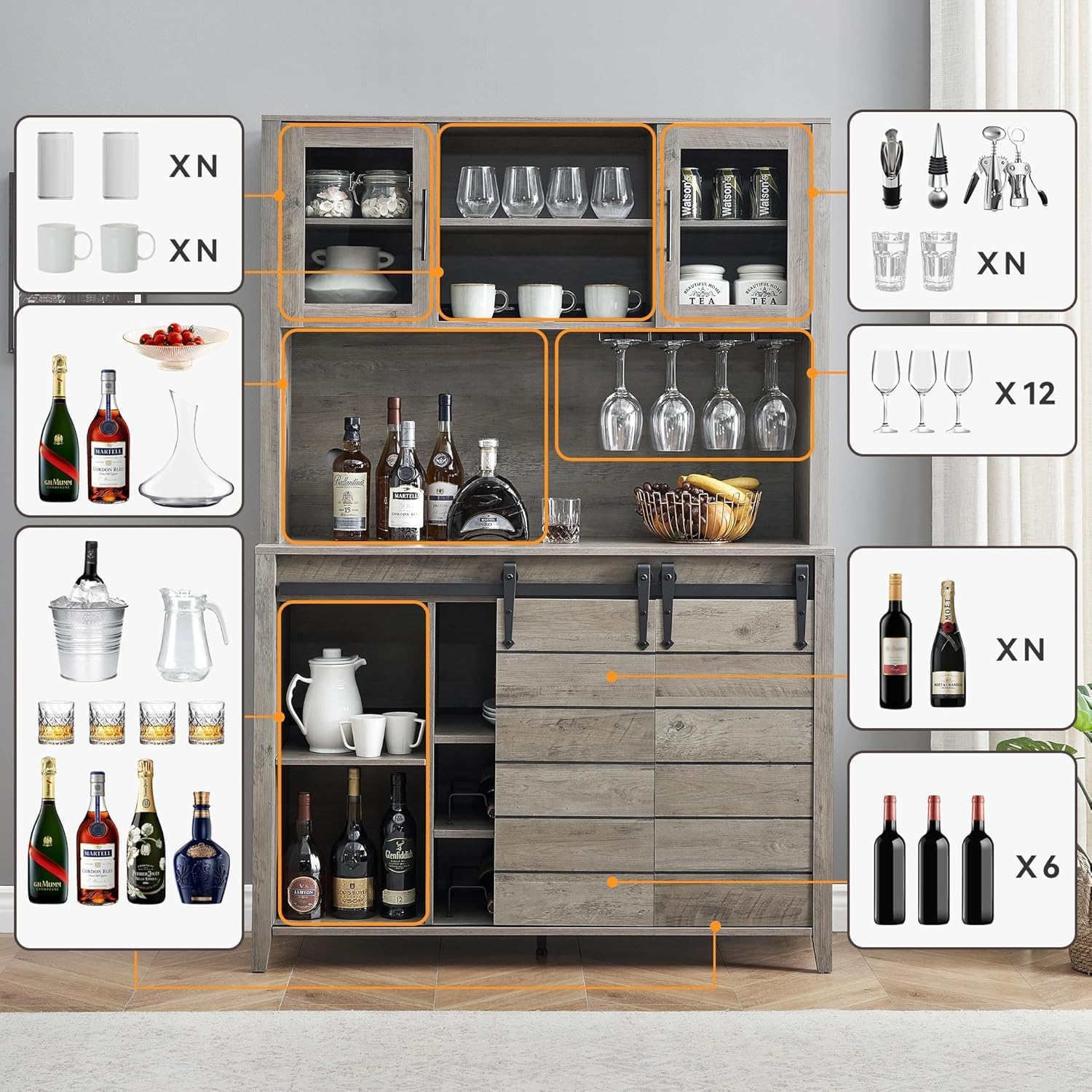 70'' Wine Coffee Bar Cabinet with Storage Hutch