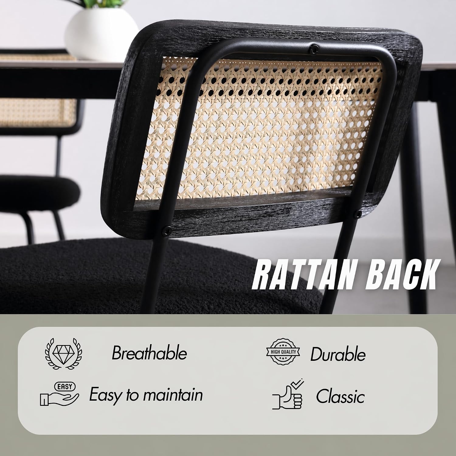 Rattan Boucle Dining Chairs Set of 4, Black