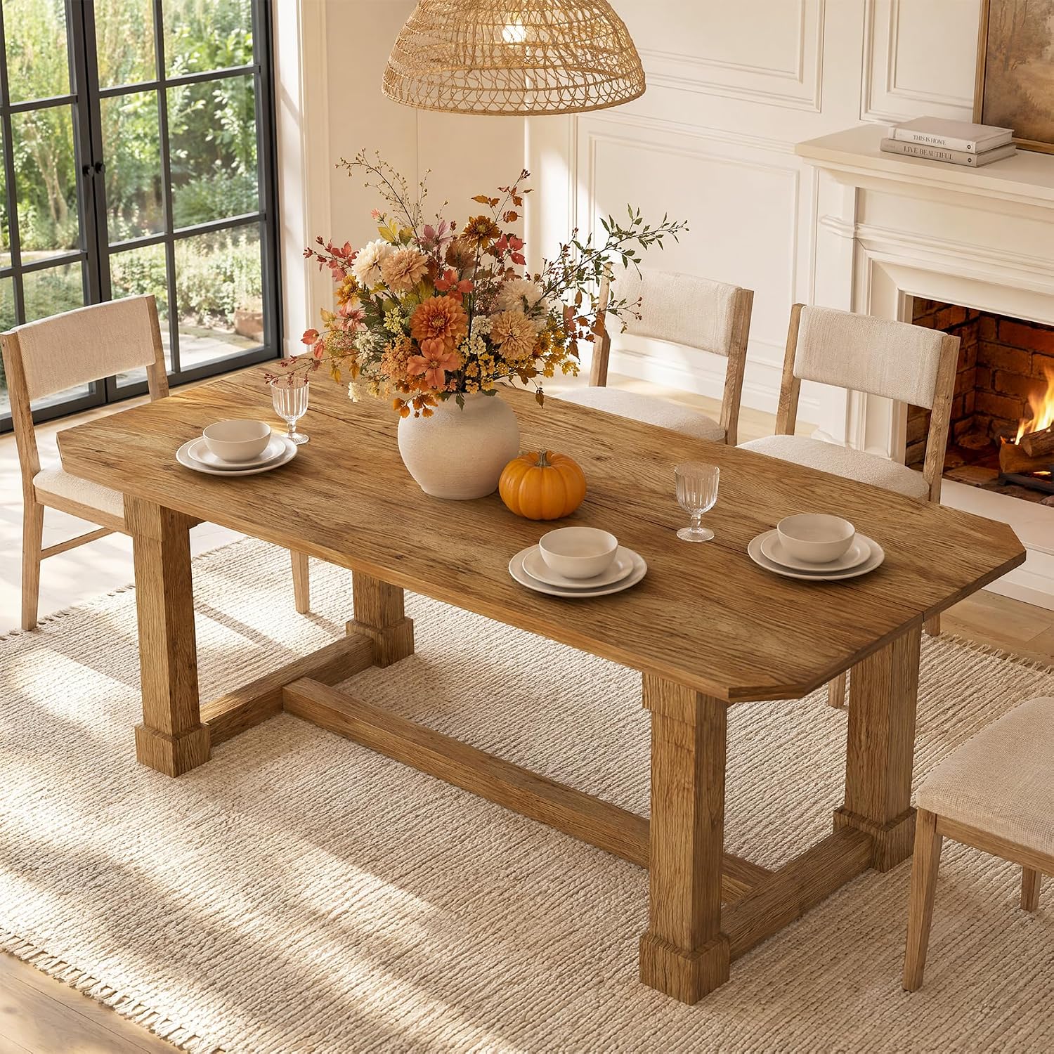 63" Rustic Solid Wood Dining Table, Natural Finish