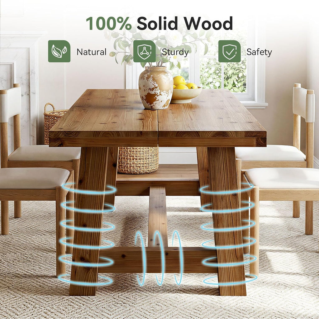63" Trestle Base Solid Wood Dining Table, Natural Wood