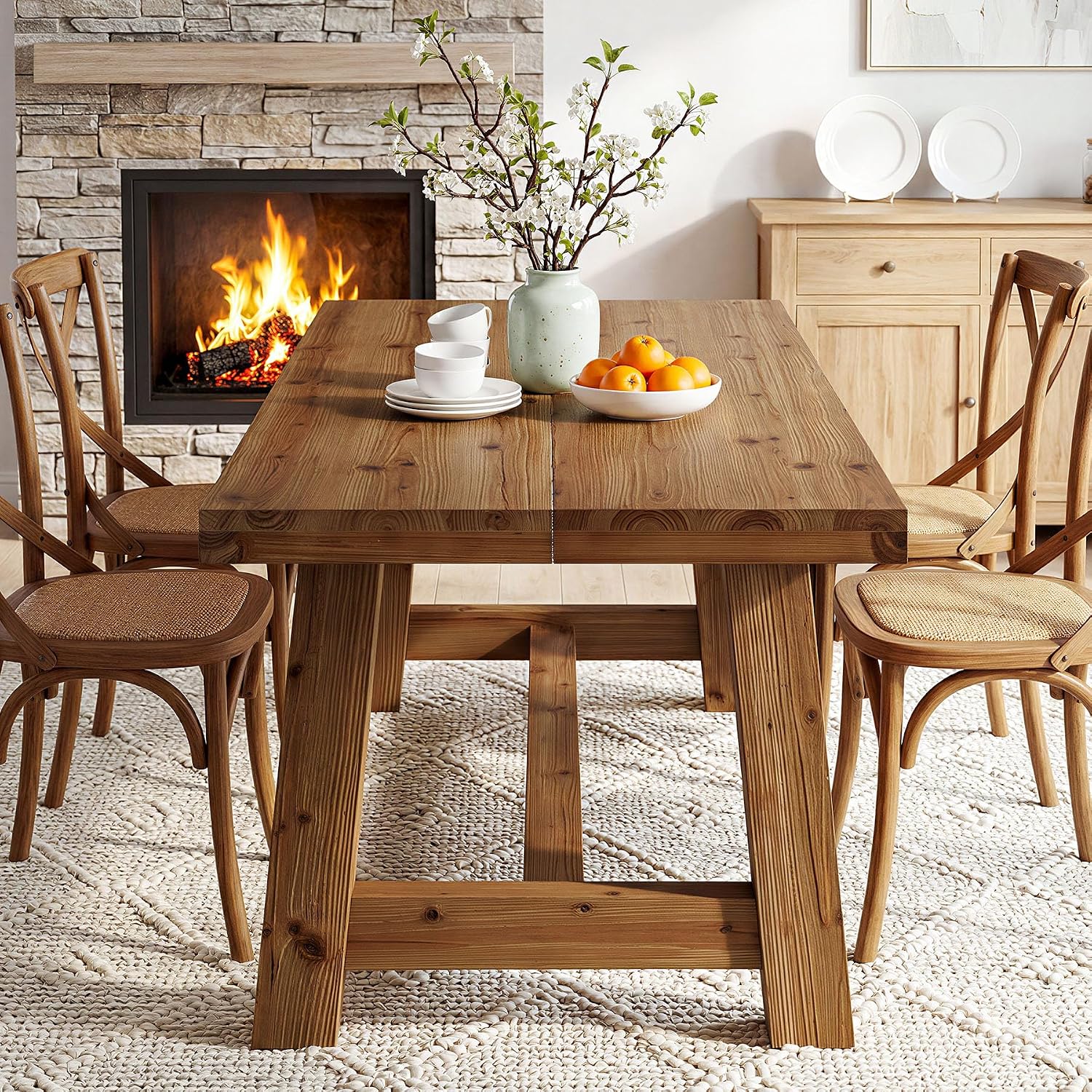 63" Trestle Base Solid Wood Dining Table, Natural Wood