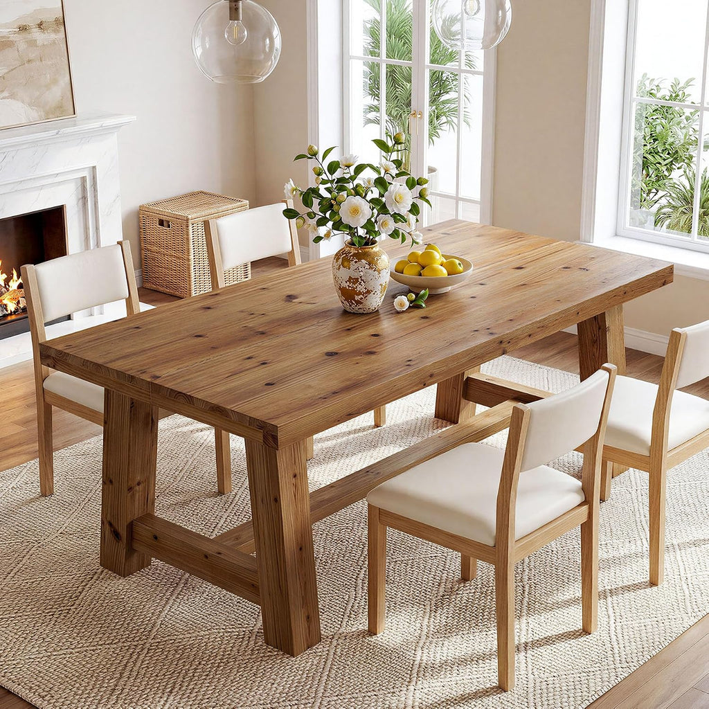 63" Trestle Base Solid Wood Dining Table, Natural Wood