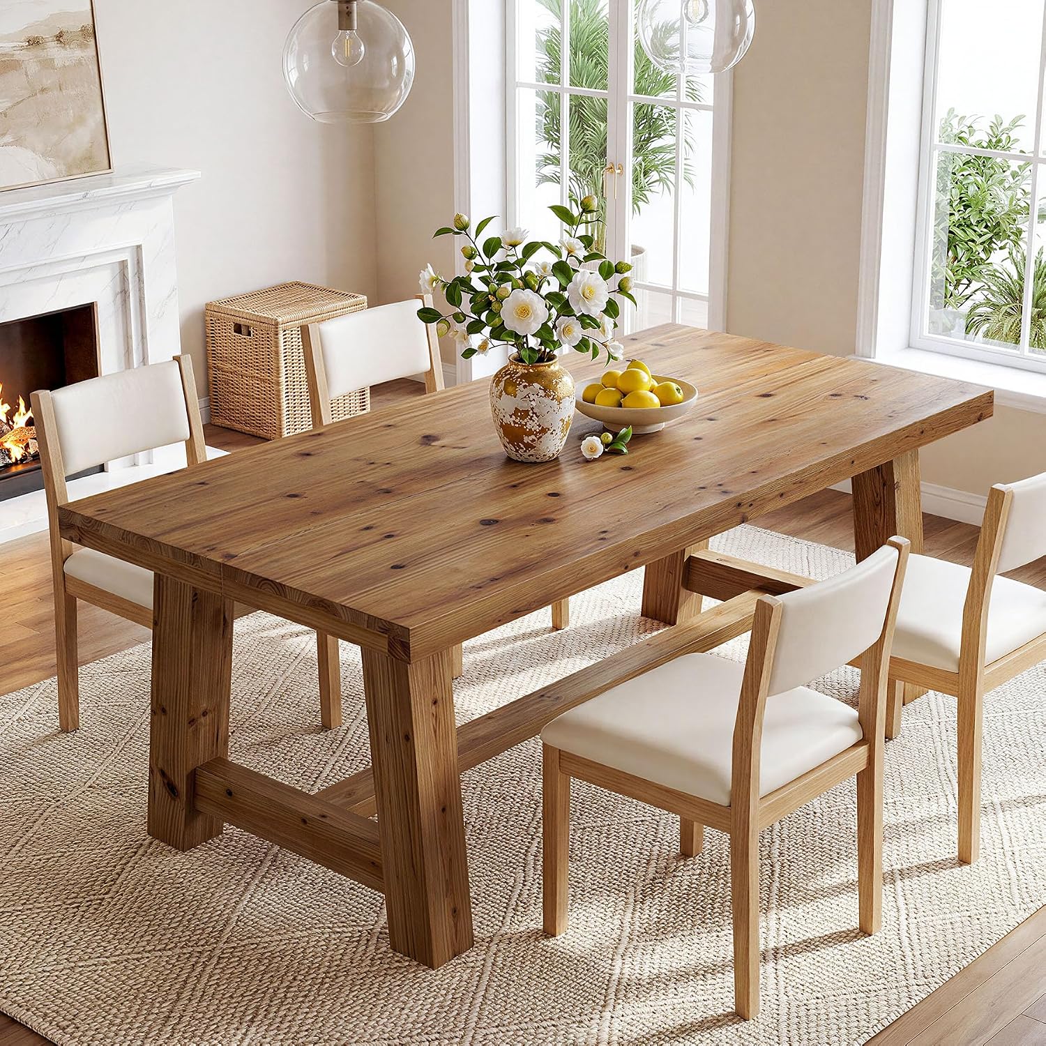 63" Trestle Base Solid Wood Dining Table, Natural Wood