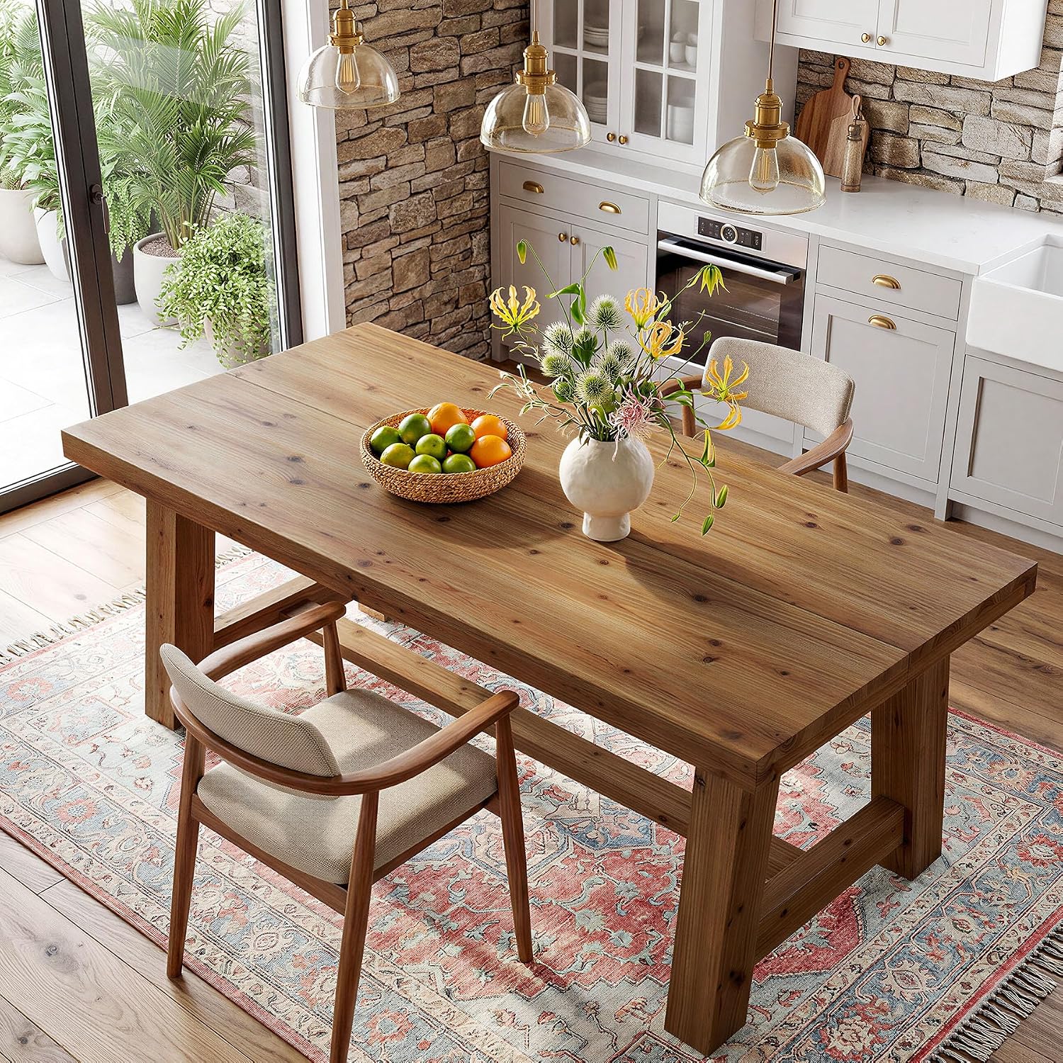 63" Trestle Base Solid Wood Dining Table, Natural Wood